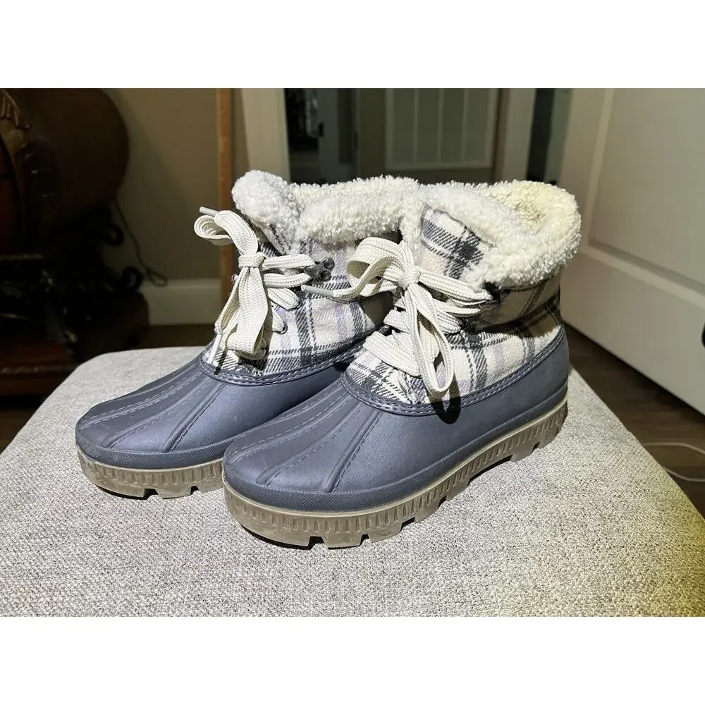 OZARK TRAIL WOMENS SNOW BOOTS, GRAY AND GRAY & IVORY PLAID Sz 7